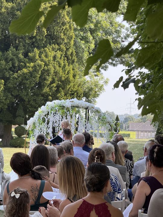 Gäste bei einer freien Trauung im Park unter einem Blumenbogen