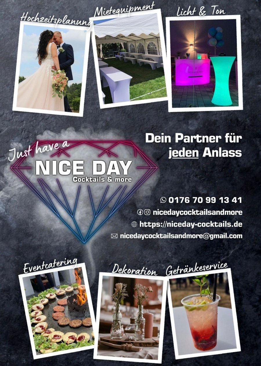 Flyer von Nice Day: Hochzeitsplanung, Mietequipment, Licht und Ton, Eventcatering, Dekoration, Getränkeservice